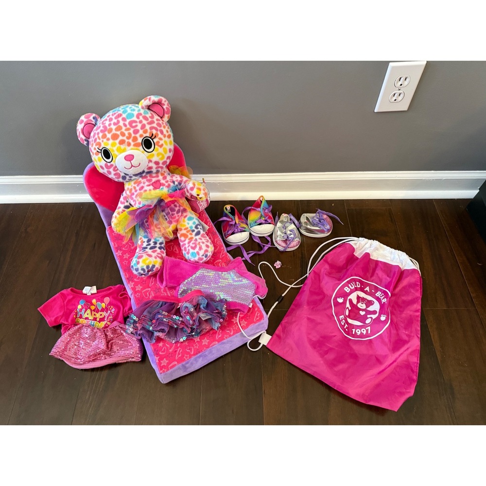 Build-A-Bear Rainbow Leopard Plush Set Birthday Outfit Shoes Lounge Chair Bag